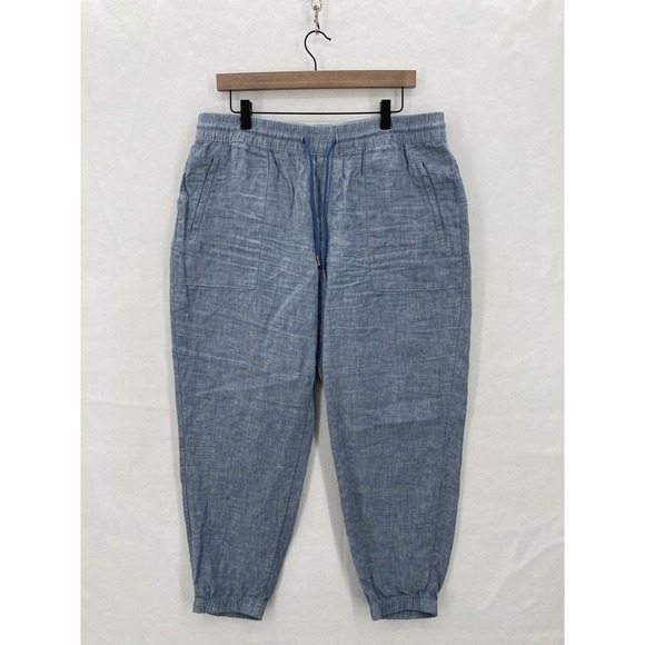 Athleta Retreat Linen Jogger Pants Womens 14 Petite Blue Preppy Nautical Beach - Picture 1 of 16